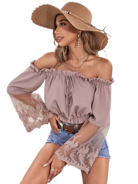 

contrast embroidery mesh flounce sleeve off shoulder frill trim blouse g710#, White