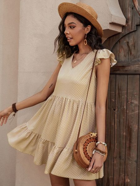 

polka dot butterfly sleeve ruffle hem smock dress i8at#, Black;gray