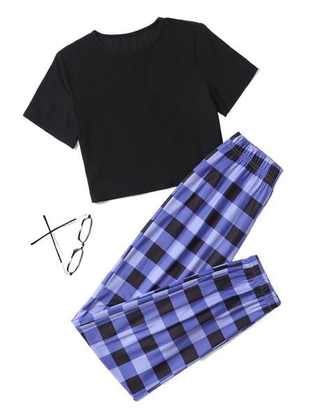 

crop and buffalo plaid pants pj set z6sh#, Black;red