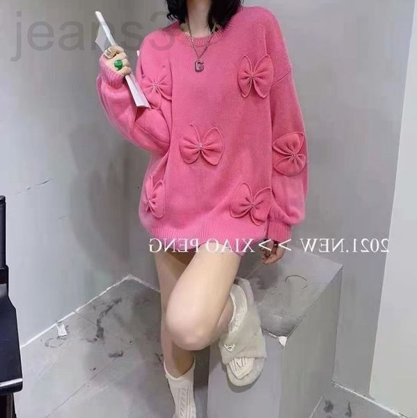 

women's knits & tees designer diamond studded bow loose medium length sweater 21 autumn and winter new design sense of temperament thin, White