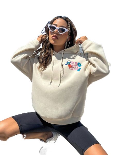 

slogan graphic drop shoulder drawstring hoodie n8mv#, Black