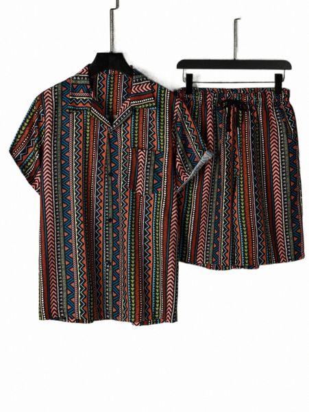 

men chevron print shirt & drawstring waist shorts a3es#, Gray