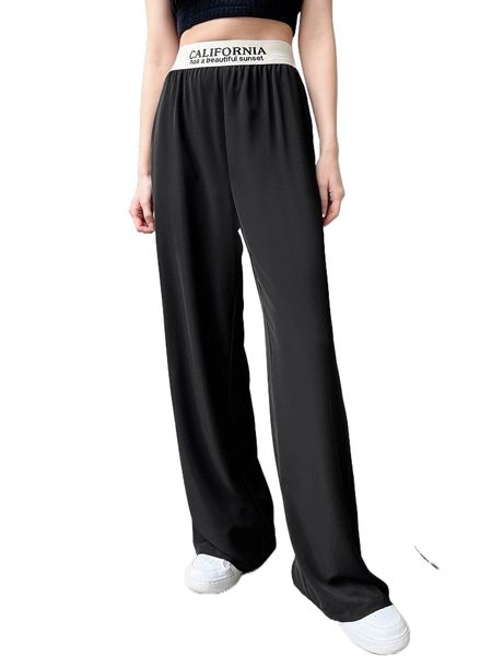 

dazy high waist contrast trim slogan embroidery pants h7p9#, Black;white