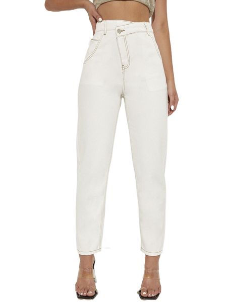 

high waist slant pockets irregular straight leg jeans g8nn#, Blue