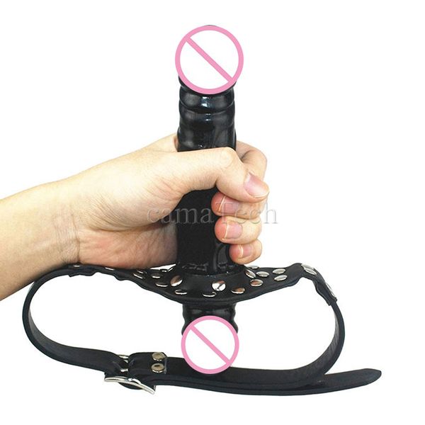 camaTech Doppelend-Dildo-Knebel, offener Mund, Plug, PU-Leder, Geschirr, Kopfband, Penis-Bondage, erotisches Lesben-Fetisch-Strapon-Spielzeug