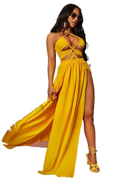 

sxy cut out shirred tie back -slit hem maxi halter dress 80ij#, Black;gray