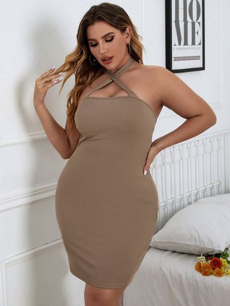 

plus ribbed knit backless halter bodycon dress 32qx#, Black