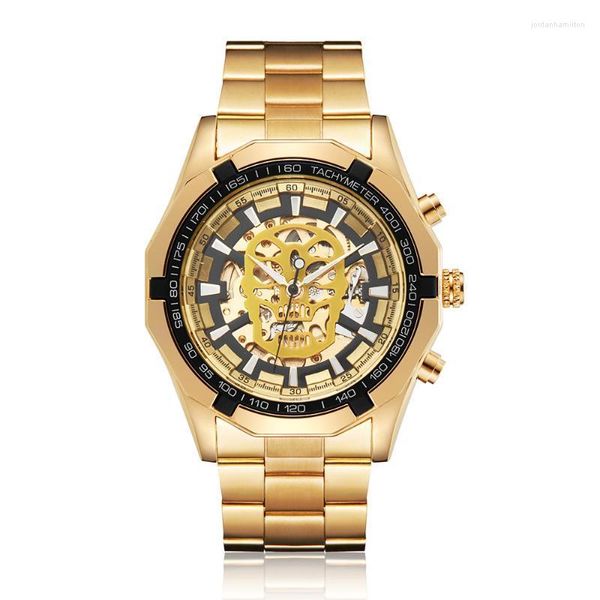 Goldene Schädel Skeleton Mechanische Uhr Männer Automatische Selbst Wind Edelstahl Band Armbanduhr Männlich Relogio Masculino Armbanduhren