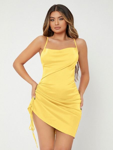 

drawstring ruched crisscross cami satin dress t1kq#, Black;gray