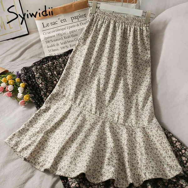 

vintage ruffles spliced floral print women high waist midcalf casual aline spring korean fashion skirt 210415, Black