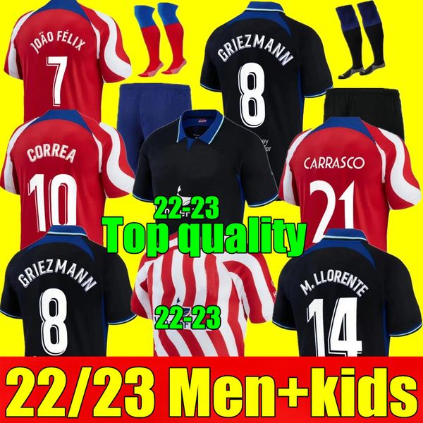 

new 22 23 men kids kit soccer jerseys home away 3rd suarez griezmann joao felix 2022 2023 atletico m. llorente madrid correa koke lemar carr, Black;yellow