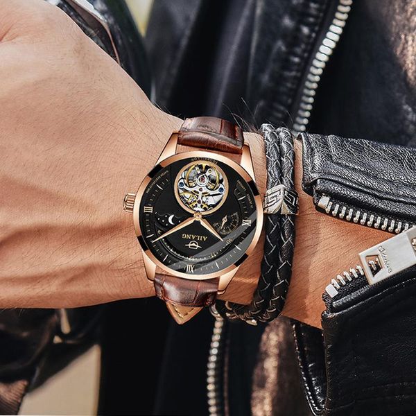 Relógios de pulso assistir homens esqueleto automático mecânico rosa ouro tourbillon man assiste a lua fase masculk top marca de luxo lúcleowristwatches