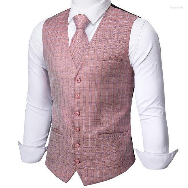 Мужские жилеты Barry.Wang Mens Pink Plaid Blend Blend Advenced V-образный выстрел 3 карманный контрольный жилет набор галстуки Формальный отдых MD-2301 Kare22