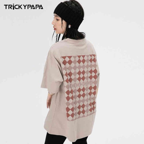 

tk-pa checkerboard t-shirt men's short sleeve tide brand hiphop national hip hop style 5-point couple half bottomed shirt manufacturer, White;black