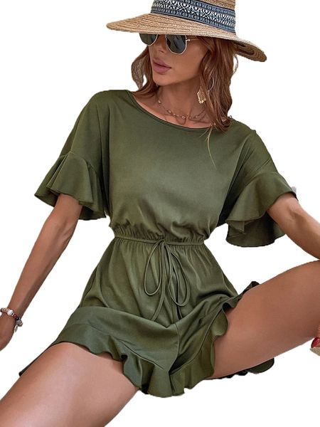 

flounce sleeve knot front ruffle hem romper g2go#, Black;white
