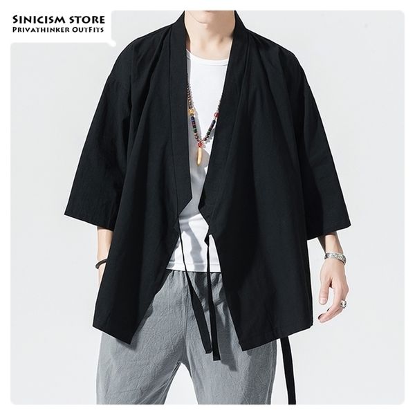 MRGOLDENBOWL Store Men estilo chinês Jackets Vintage de tamanho grande 2020 Mens Aberto Casaco Kimono Roupos Masculino Autumn Black Coat LJ201013