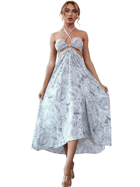 

botanical print halter dress x752#, Black;gray