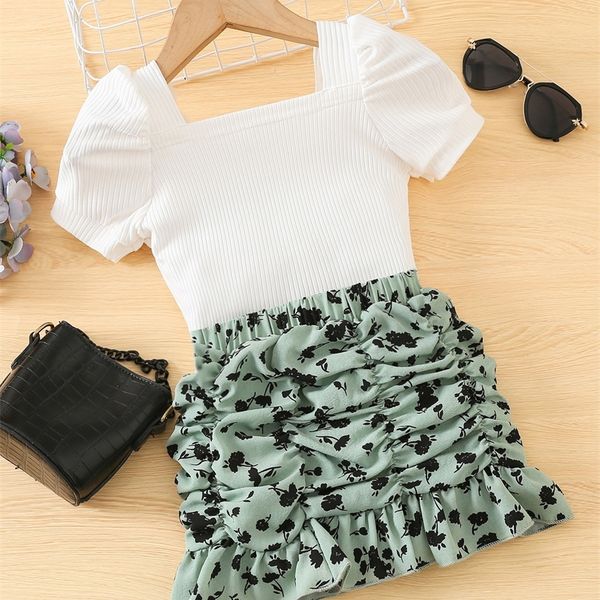 

little girl's bubble sleeve t-shirt with floral pattern ruffle skirt she, White