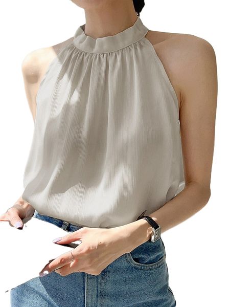 

dazy solid keyhole back sleeveless blouse o6bg#, White