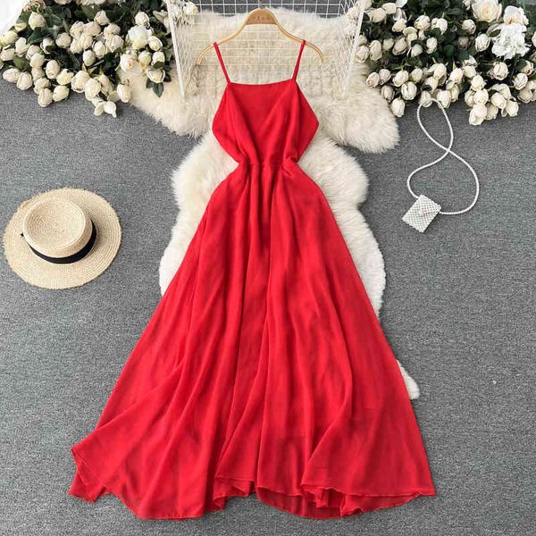 

casual dresses red suspender dress long skirt french backless design sense of minority temperament chic loose thin lh3k, Black;gray