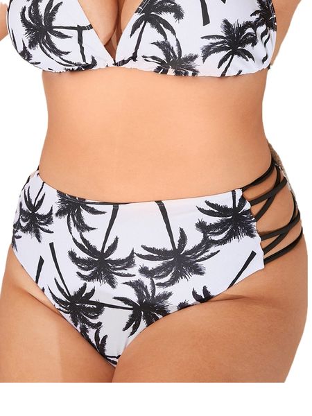 

plus palm tree print crisscross side high waist bikini panty p69z#, Black