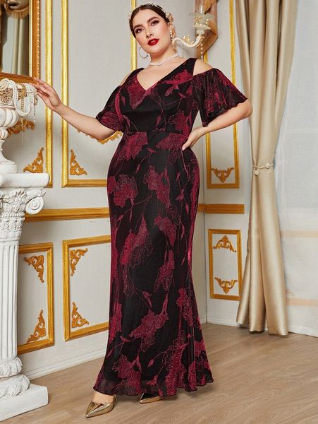 

plus floral print cold shoulder maxi dress 301u#, Black