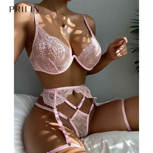 Set di biancheria sexy da donna con reggicalze Reggiseni push-up trasparenti in pizzo Vedere attraverso le mutandine Tentazione Biancheria intima sensuale erotica