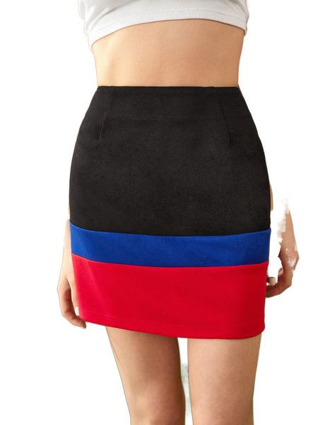 

high waisted colorblock a-line skirt 62gz#, Black
