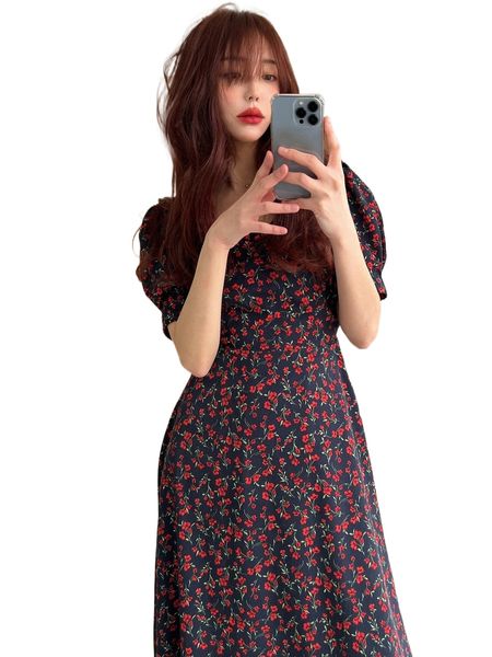 

dazy ditsy floral ruched sweetheart neck puff sleeve dress s28k#, Black;gray