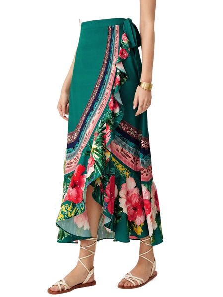 

floral print ruffle trim knot skirt h8np#, Black