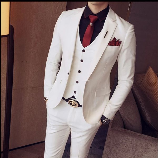 New Tuxedo Jackets Homens Homens Slim Fit 3 Peças Define Branco Elegante Designer Prom Ternos Fato Cinzento Homme Mariage Smocking