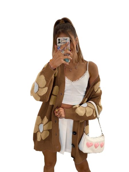 

floral pattern drop shoulder cardigan y9qw#, White;black