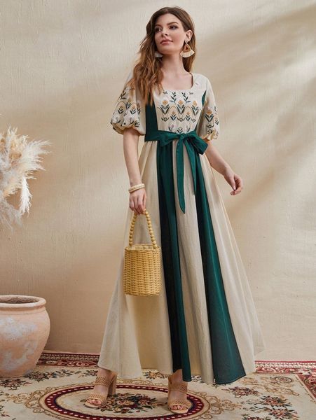 

floral embroidery striped print belted lantern sleeve dress q1zl#, Black;gray