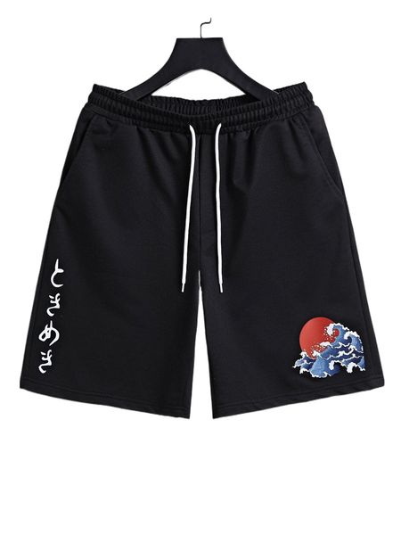 

men random wave & japanese letter graphic drawstring waist shorts k3tc#, White;black