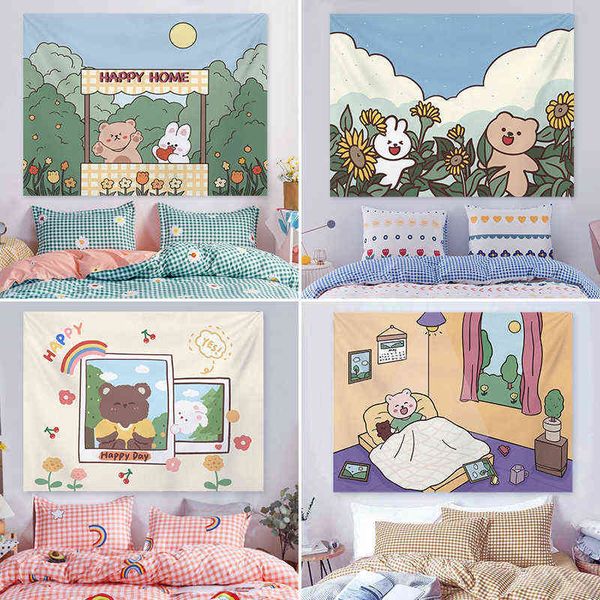 Tapeçaria de urso e coelho Bohemian Kawaii Acessórios Sala Tapetes de parede Decoração foto J220804