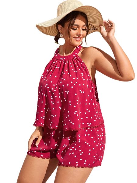 

plus polka dot lace trim halter & shorts a05c#, Black