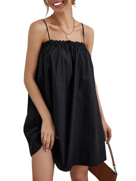

solid frill trim cami dress d6jr#, Black;gray