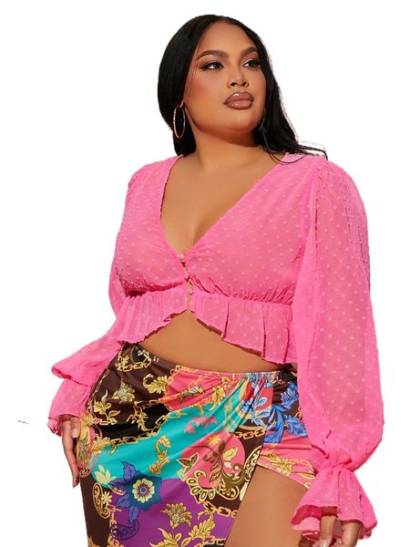 

sxy plus swiss dot flounce sleeve peplum hem crop blouse j5fi#, Black