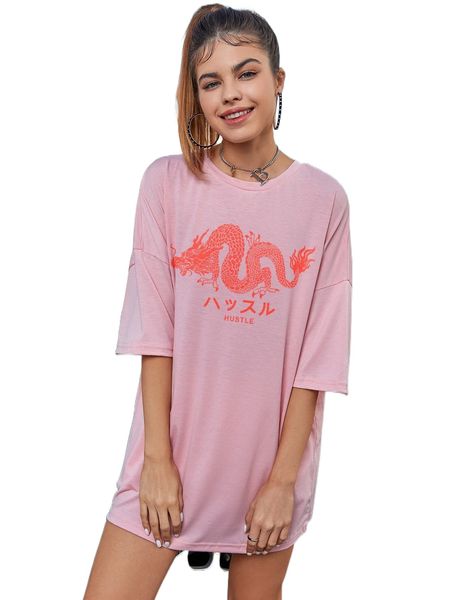 

japanese letter & dragon print drop shoulder oversized tee r95c#, White