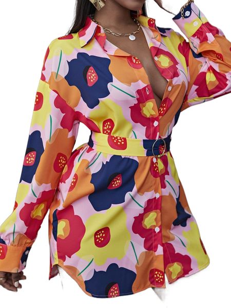 

glamaker floral print belted shirt dress 92pi#, Black;gray