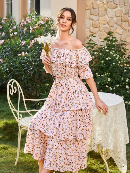 

floral print off shoulder layered hem dress s8ap#, Black;gray