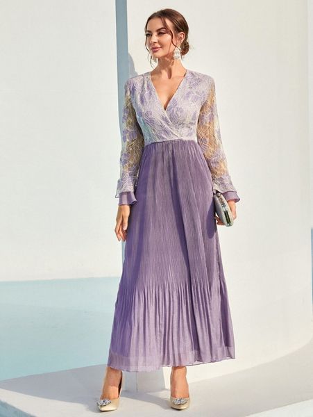 

lace insert flounce sleeve plisse hem dress k4pm#, Black;gray