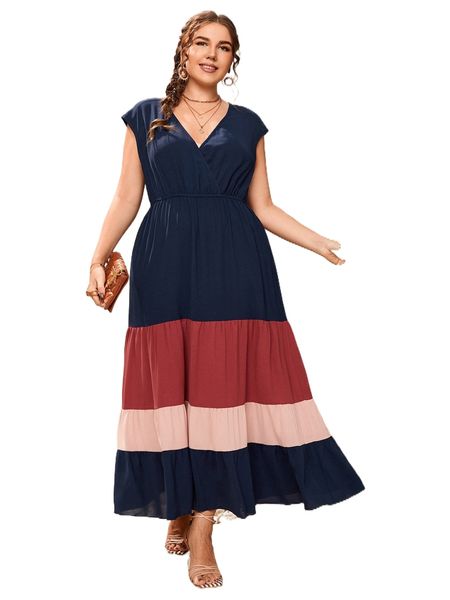 

plus color block batwing sleeve ruffle hem dress v2yc#, Black