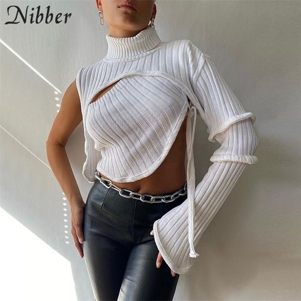 Nibber Fashion Sexy Slim Twif Coll Color Asymmrriclics + короткий пуловер с одним рукавом для женщин-стрит коммутирующая одежда 220408