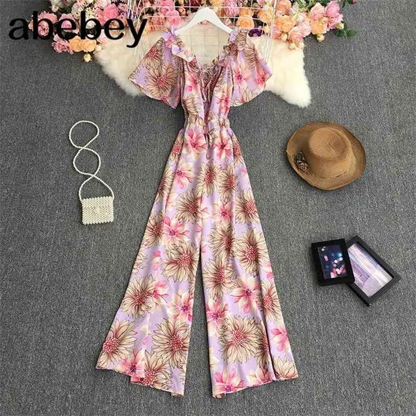 

summer fashion v-neck flare sleeve jumpsuit edible tree fungus edge high waist pleated print casual wide leg jumpsuit 210715, Black;white