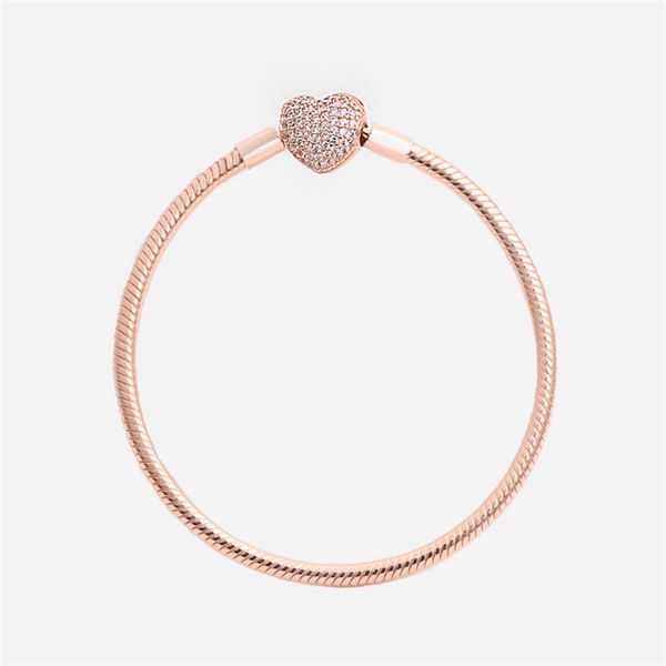 

luxury fashion 18k rose gold cz diamond heart bracelets original box for pandora 925 silver smooth snake chain bracelet 55 m2215j, Golden;silver