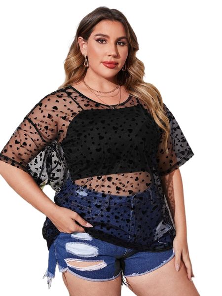 

plus all over heart print mesh without cami c3b7#, Black