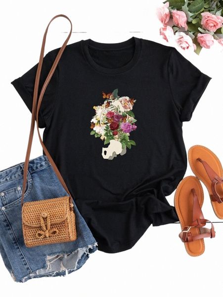 

plus floral & butterfly print tee e8x3#, Black