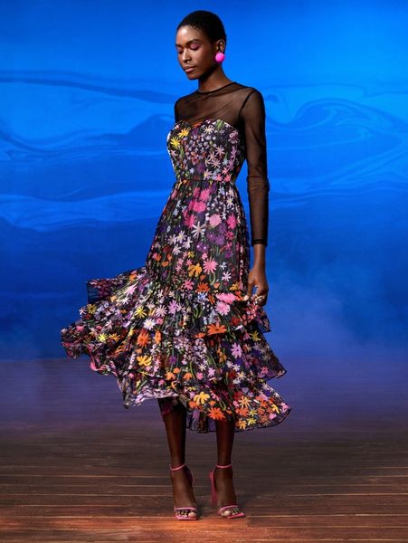 

x miriam omar contrast mesh floral print layered ruffle hem dress a7xs#, Black;gray