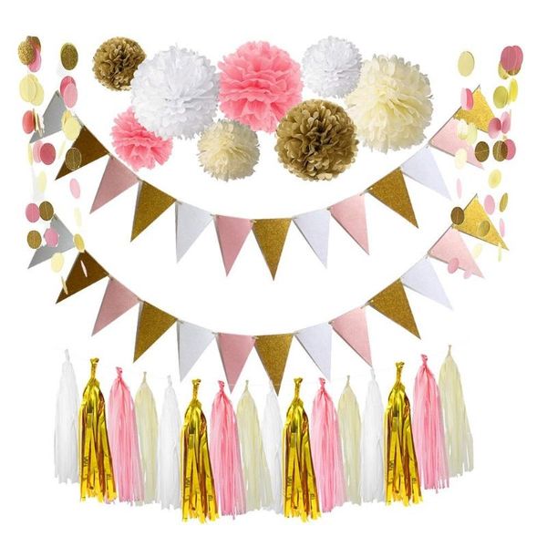 Decoração de festa Pink Gold White tem temas de casamento, banner de glitter triângulo, pom pom pom, borla de tecido, polka dot guirlanda